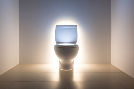 Recently installed ceramic toilet bowl adjacent to a well-lit wall.の素材