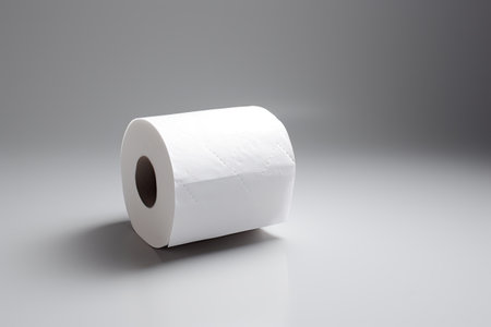 A light gray background showcases a soft, white toilet paper roll in an image representing hygiene.の素材