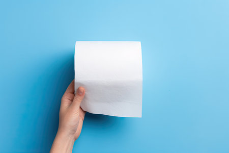 There is a blue background with a male hand holding a white roll of toilet paper. The image has openの素材