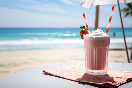 A beach setting with a refreshing strawberry milkshake.の素材
