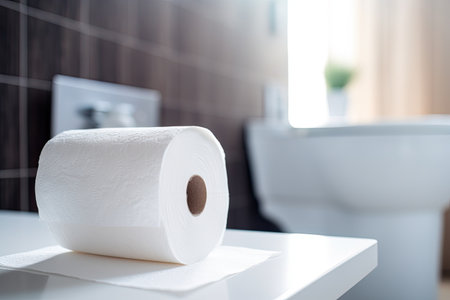 A woman's hand in a close-up removes a sheet of toilet paper from a roll, with a bathroom as the bacの素材