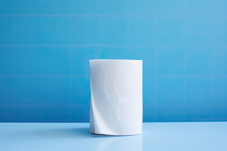 An image of toilet paper positioned alone on a white table, with a blue background. This photographの素材