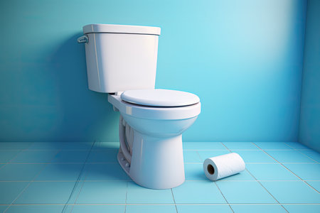 A toilet bowl that is white in color and the accompanying roll of toilet paper.の素材