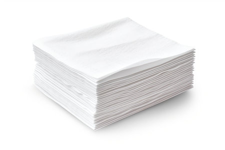 Two pieces of white tissue paper or napkin, folded in half, are stacked and separated from the whiteの素材