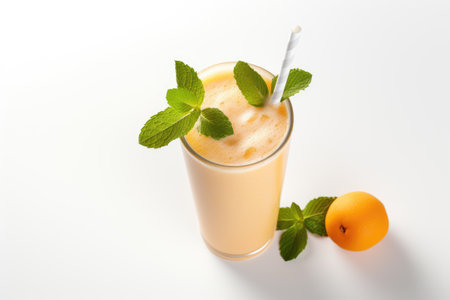 Top view of an apricot milkshake or smoothie in a glass, accompanied by a straw and mint leaves, allの素材