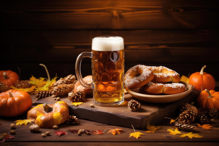 Bavarian delicacies and beer with pretzels on wooden backdropの素材