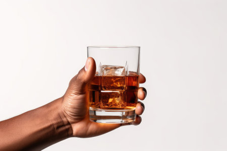 Alcoholic tasting experience Man s hand holding glass of whiskey or rum isolated on white Idea of paの素材