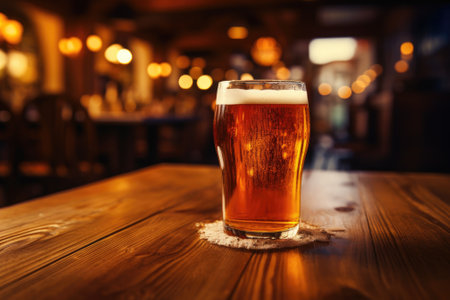 A beer glass on a wooden table captured with selective focusの素材