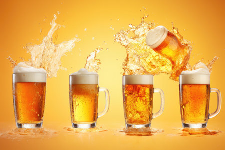 Advertisement space featuring Oktoberfest themed mugs displaying foamy beer on a grey backgroundの素材