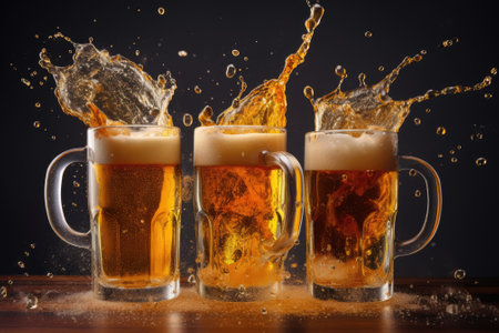 Advertisement space featuring Oktoberfest themed mugs displaying foamy beer on a grey backgroundの素材