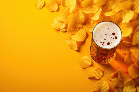 Beer and chips on a vibrant yellow background perfect for snackingの素材
