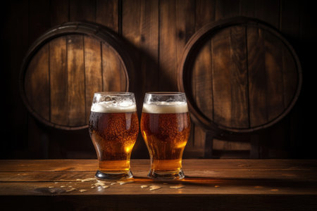 Beer glasses on a wooden background beside a barrel of beerの素材