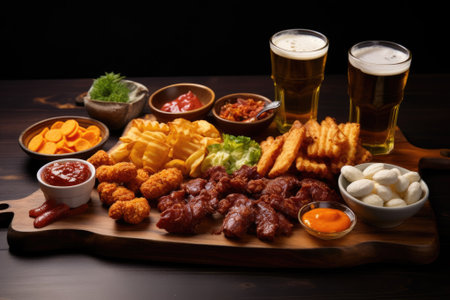 Assorted deep fried snacks and hot meat served on a wooden dish perfect for a large gathering or celの素材