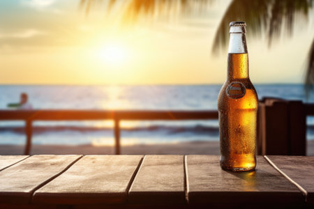 Beer bottle on wet wooden table hazy sea in the background summer atmosphereの素材