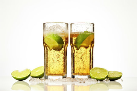 Beer ad and pub night Transparent glass bottles of ale without labels with dripping drops rest withの素材