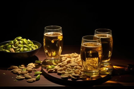 Beer event with chips pistachios glasses and bottles on dark table top viewの素材