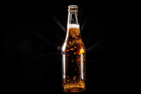 Close up beer bottle photo against black backdropの素材