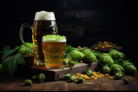 Beer concept with vintage barrel glass light beer fresh amber beer green hops gold barley and brewinの素材