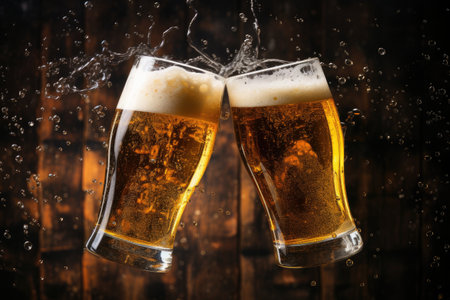 Cheers glasses with spilling beer on worn out backdropの素材