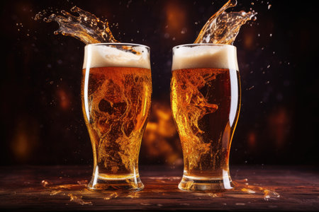 Cheers glasses with spilling beer on worn out backdropの素材