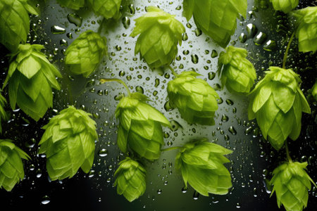 Green hops and condensation surround a chilled glass of beer forming a frameの素材