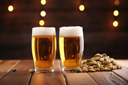 Friends enjoying beer Two glasses of light lager on wooden table surrounded by pistachios nuts and cの素材