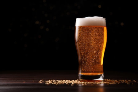Close up of beer glass on dark tableの素材