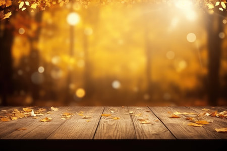 Empty wooden table with gold glowing autumn backgroundの素材