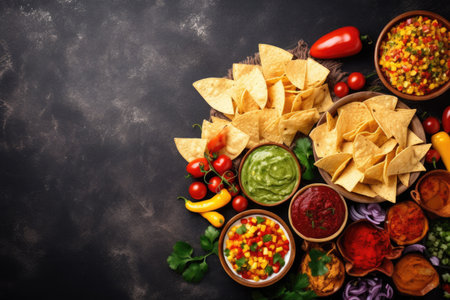 Cinco de mayo celebration featuring Mexican dishes like tortilla chips nachos tacos salsa and saucesの素材