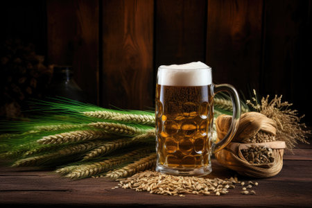 Beer mug wheat hops and barrel on woodの素材