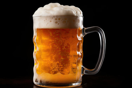 Foamy beer in a mug on a dark surfaceの素材