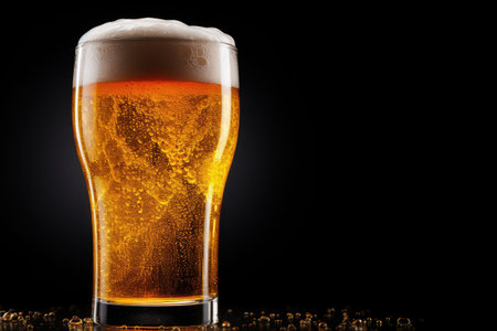 Craft light beer in a glass with water droplets on a black backgroundの素材