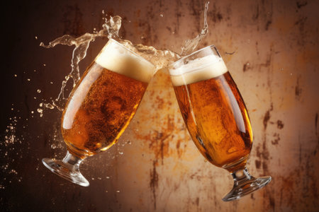 Cheers glasses with spilling beer on worn out backdropの素材