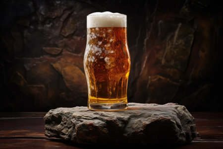 Pour beer into a glass on an ancient stoneの素材