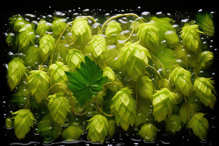 Green hops and condensation surround a chilled glass of beer forming a frameの素材