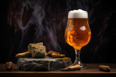 Pour beer into a glass on an ancient stoneの素材