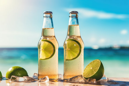 Icy beer in glass bottles with lime panoramic view empty areaの素材