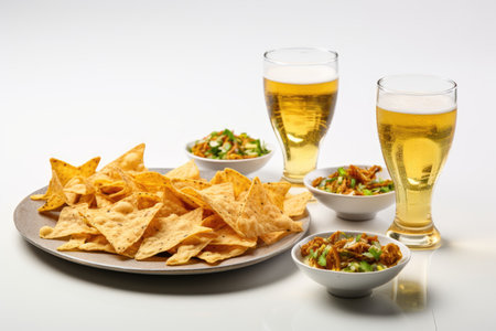 Pistachio chips and nachos with light beer in a bar on a white backgroundの素材