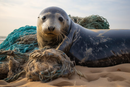 A Grey Seal at Horsey Beach in Norfolk England was sadly entangled in a portion of fishing net whichの素材