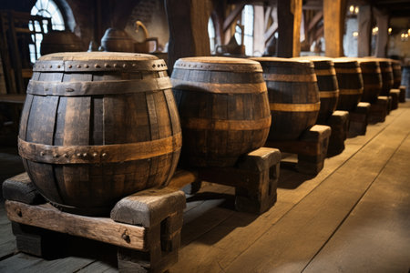 19th century wooden beer barrels in a rowの素材