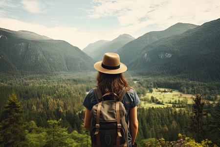 A female wanderer carrying a backpack donning a hat gazes in awe at the breathtaking mountains and lの素材
