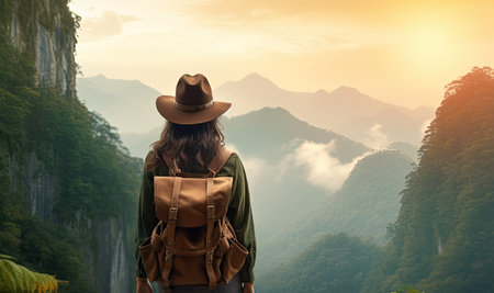 A female wanderer carrying a backpack donning a hat gazes in awe at the breathtaking mountains and lの素材