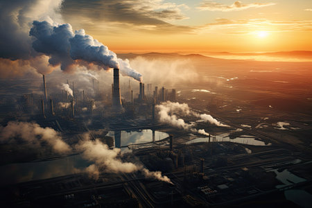 A metallurgical plant at daybreak releasing smoke and smog into the air causing environmental pollutの素材