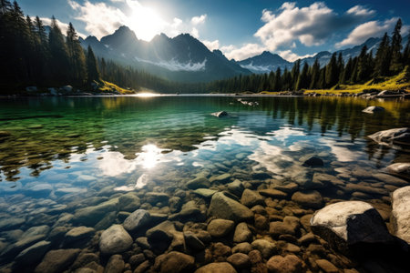 A stunning mountain lake in the High Tatra National Park exudes grandeur The scene is filled with stの素材