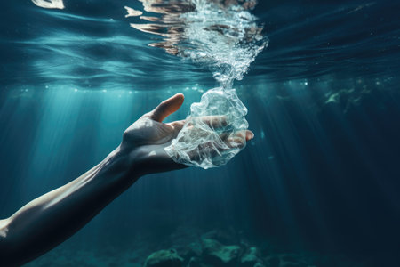 A volunteer s hand is removing a floating plastic item in the ocean depicting the problem of plasticの素材