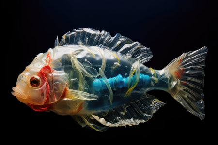 A fish filled plastic bottle a form of pollution that drifts on the surface of the oceanの素材