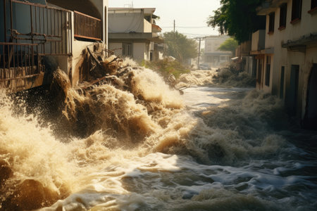 A zoomed in view shows water forcefully rushing out of the sewer and into the rural canals causing tの素材