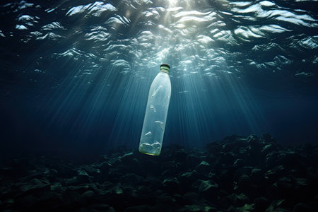 A plastic bottle submerged in the sea waterの素材