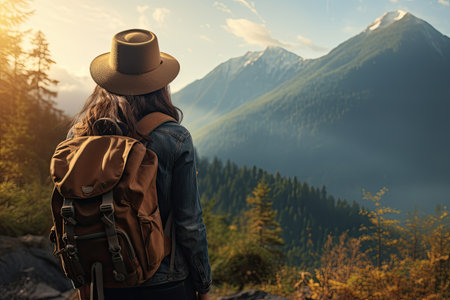 A female wanderer carrying a backpack donning a hat gazes in awe at the breathtaking mountains and lの素材