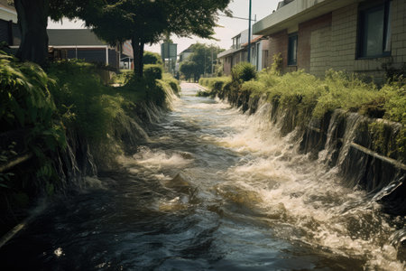 A zoomed in view shows water forcefully rushing out of the sewer and into the rural canals causing tの素材